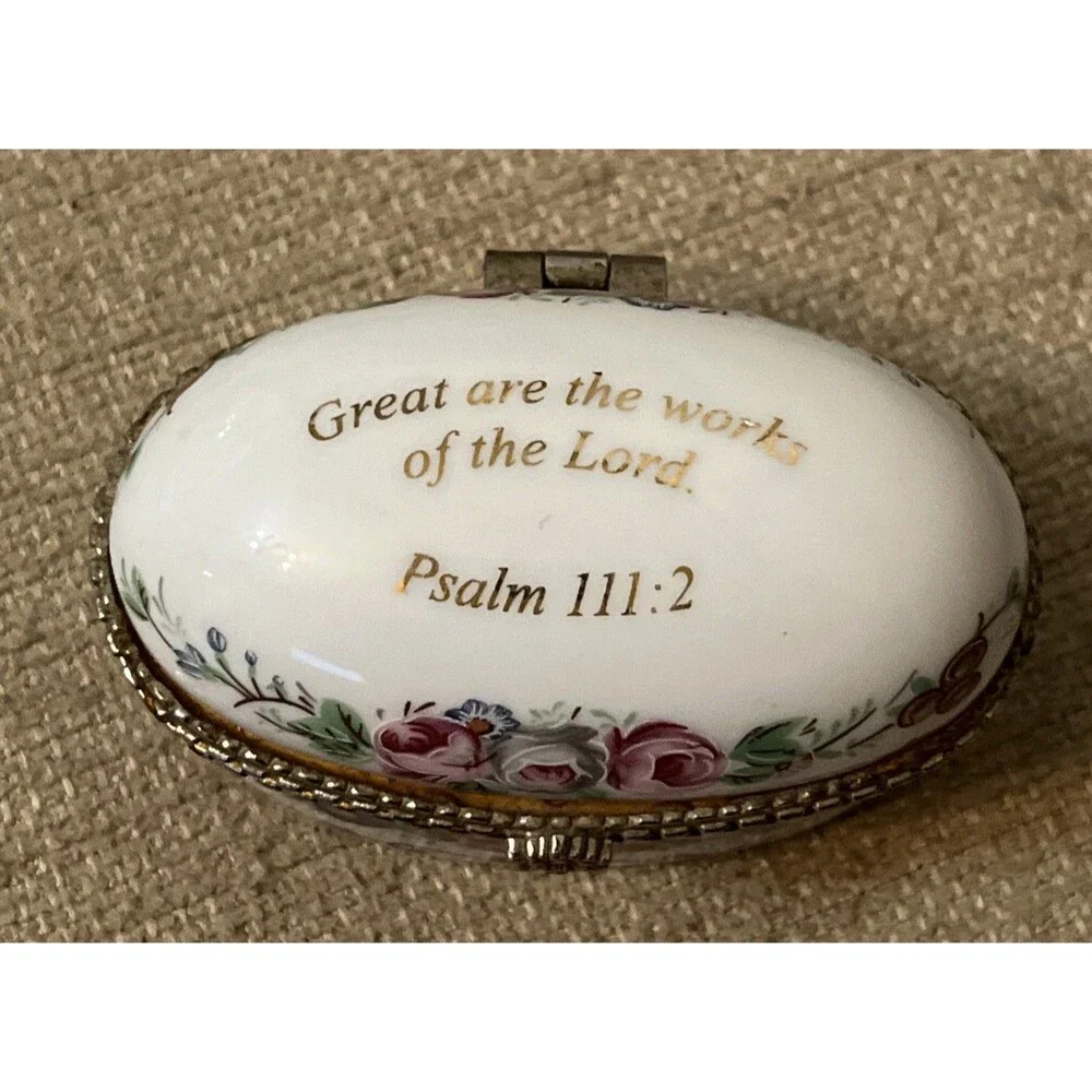 Vintage Imperial Porcelain Bible Verse Hinged Trinket Box  Psalm 111:2 Mini Size